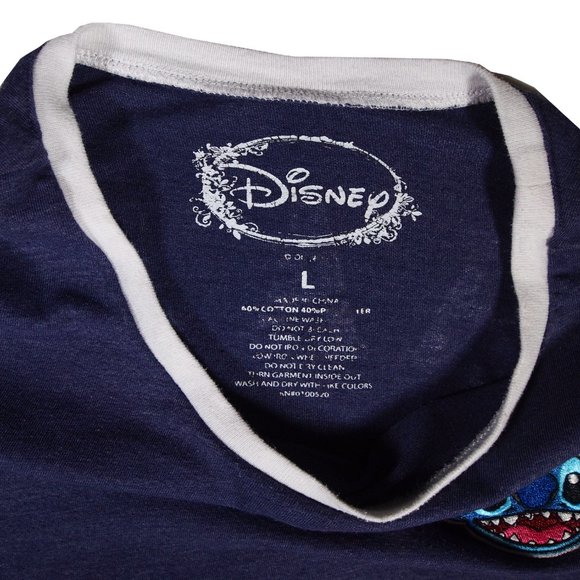 Lilo and Stitch T-shirt, Ladies Size Large, Embroidered Stitch, Navy Ringer - Picture 2 of 5